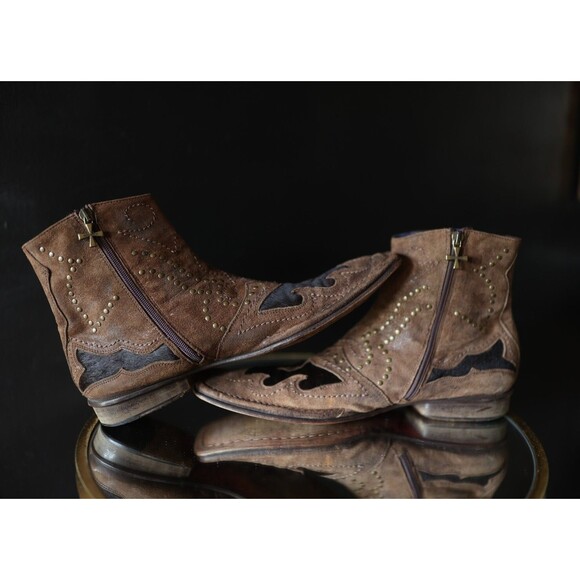 Marks Nason Headliner Suede Pony Hair Brown Studded Boots zip up calf boots 9.5